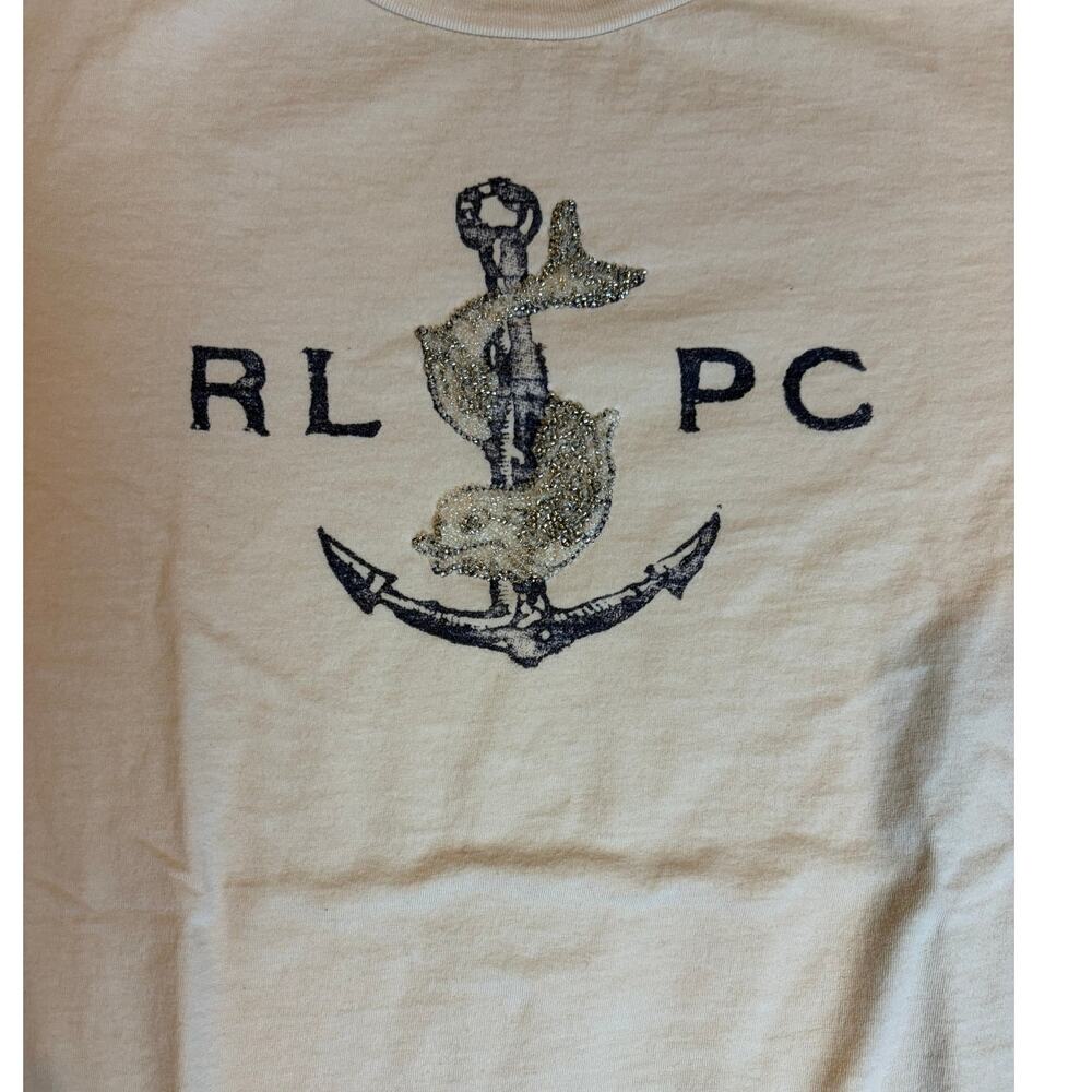 RALPH LAUREN Women's Anchor T-Shirt LARGE Beige Beaded Fish Serpent Nautical